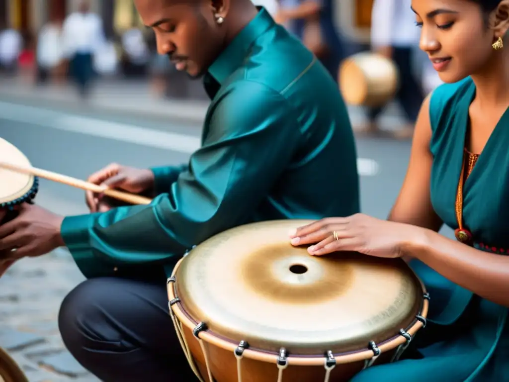 Un músico habilidoso toca el Hang Drum en una concurrida calle de la ciudad, rodeado de gente diversa escuchando atentamente