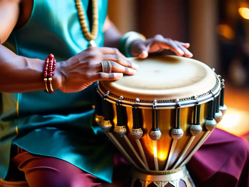 Un músico habilidoso ejecuta la darbuka en un ambiente cultural de Medio Oriente, destacando las técnicas de frame drum