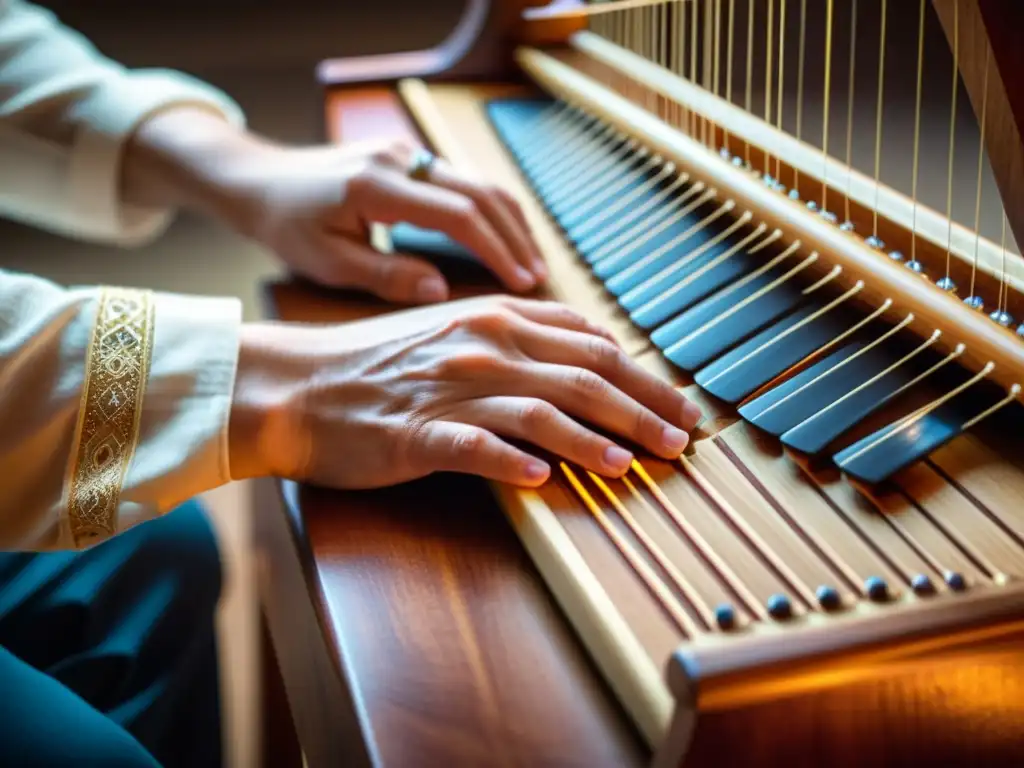 Un músico habilidoso hace sonar las delicadas cuerdas de un psalterio, resaltando su historia y relevancia en la música de cuerdas