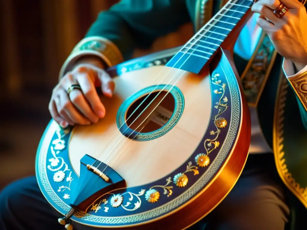 Un músico habilidoso toca con delicadeza una balalaika rusa tradicional, resaltando sus detalles y la atmósfera íntima de la presentación