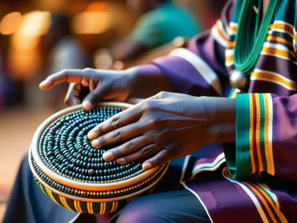 Un músico habilidoso muestra su destreza con los Asalato, instrumentos musicales africanos, en un vibrante mercado o íntimo espacio de presentación