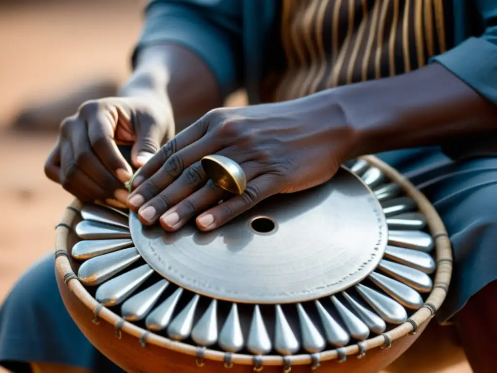 Un músico habilidoso toca con destreza las láminas de metal de un tradicional Mbira africano, transmitiendo su significado cultural