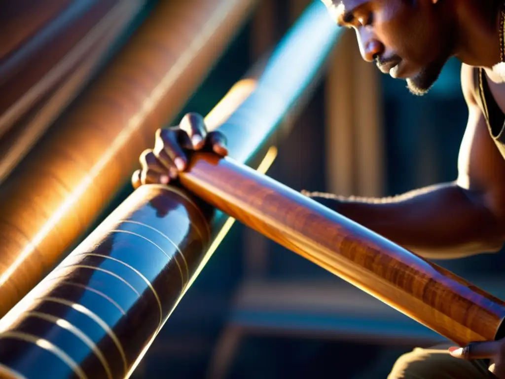 Un músico habilidoso toca el didgeridoo, resaltando la forma única del instrumento y su historia