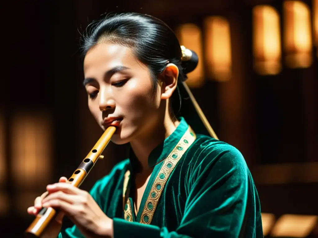 Un músico habilidoso interpreta el dizi, instrumento de música folclórica china, en un teatro a media luz, transmitiendo emoción y solemnidad