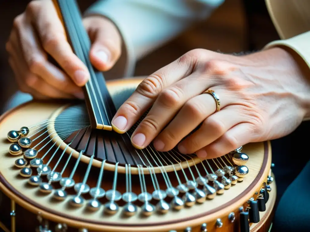 Un músico habilidoso toca el domra ruso con destreza, mientras las cuerdas vibran con historia y arte