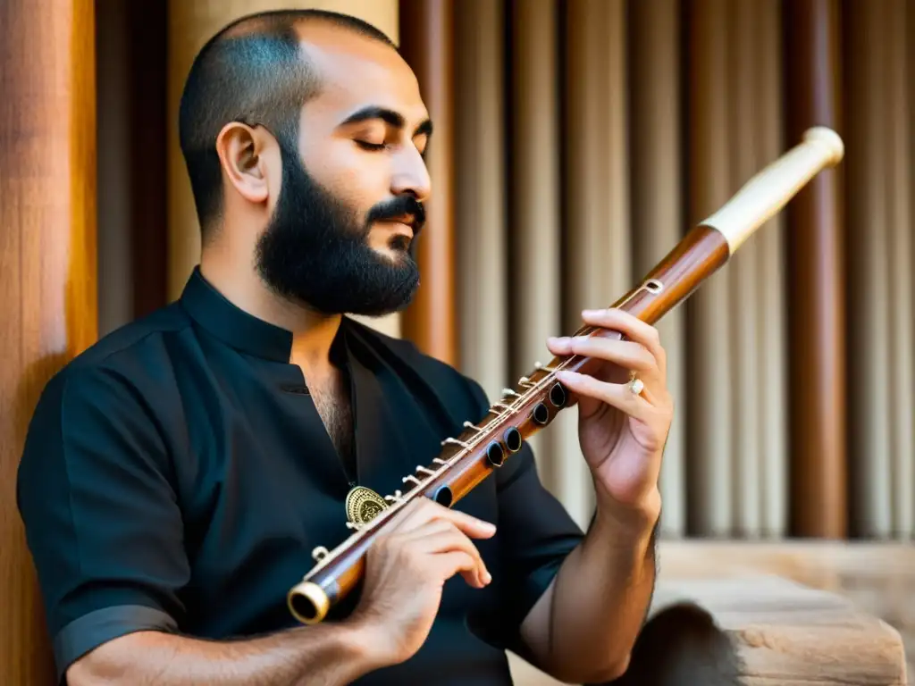 Un músico habilidoso toca el duduk armenio, con la antigua Ruta de la Seda de fondo, evocando historia y riqueza cultural