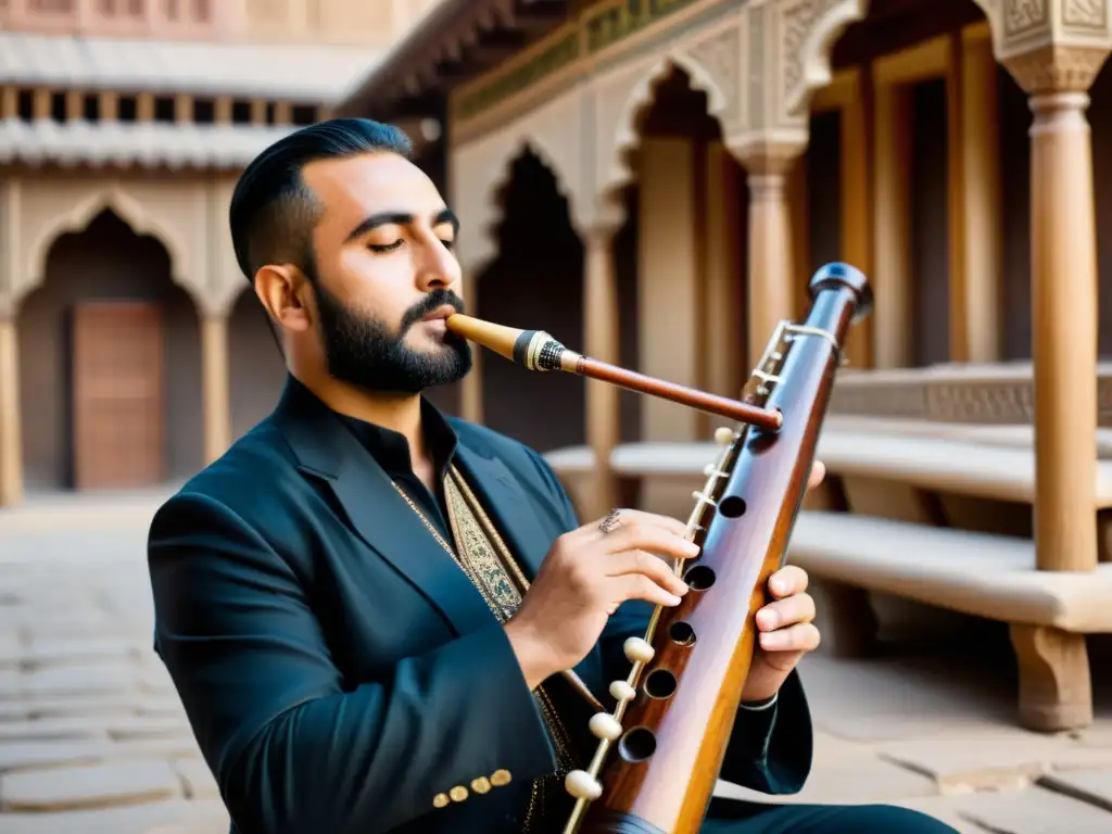 Un músico habilidoso toca el duduk armenio en una antigua Ruta de la Seda, evocando la rica historia cultural de este instrumento