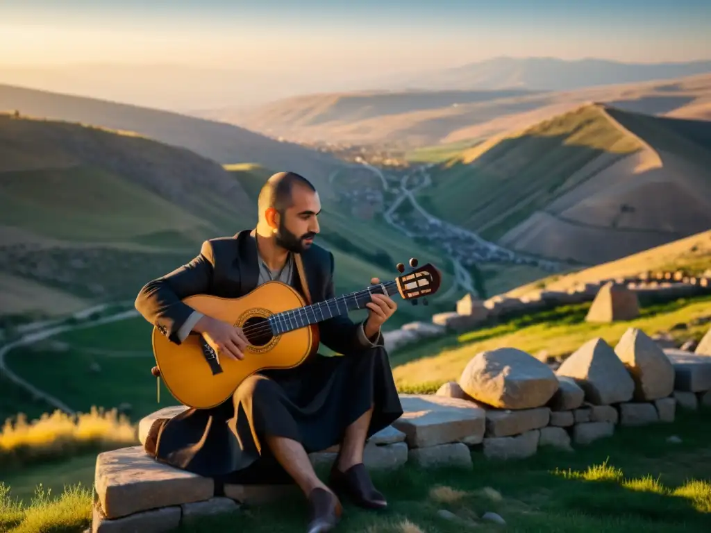 Un músico habilidoso toca el Duduk armenio en un paisaje impresionante