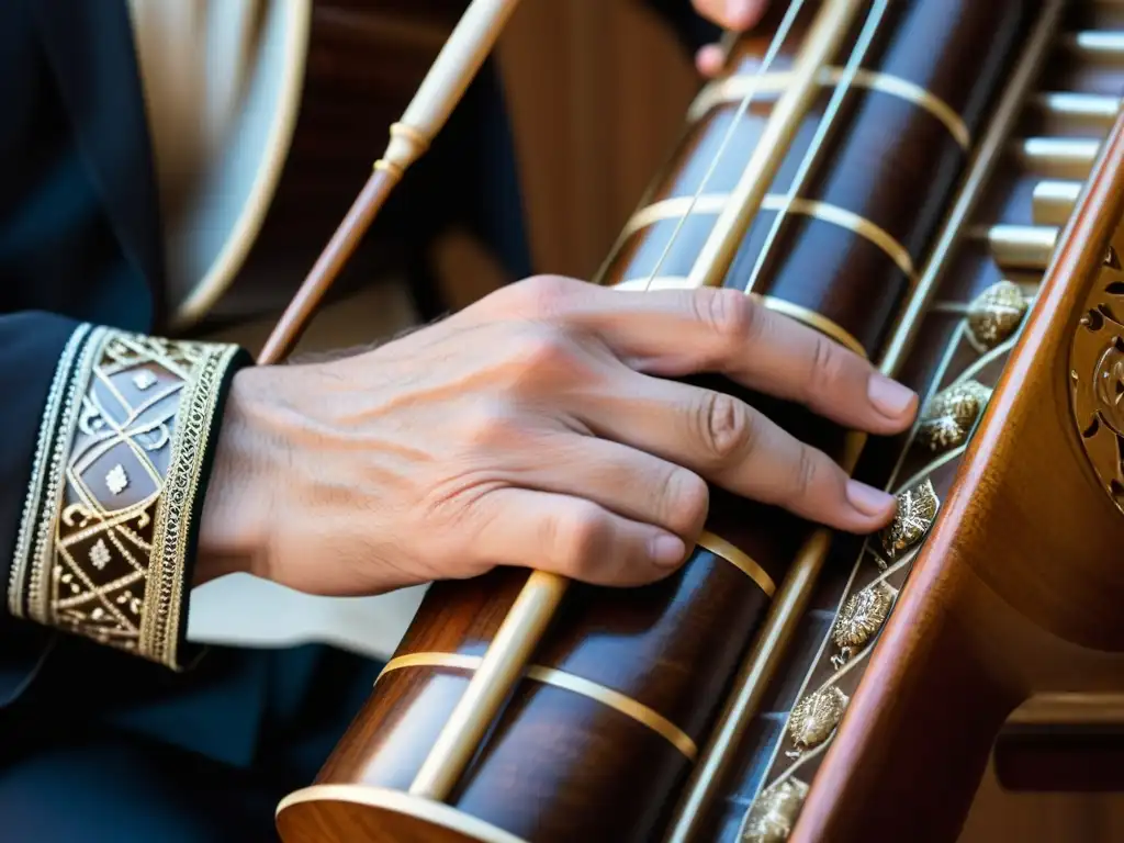 Un músico habilidoso toca un duduk armenio en una escena tradicional, mostrando la artesanía detallada y concentración