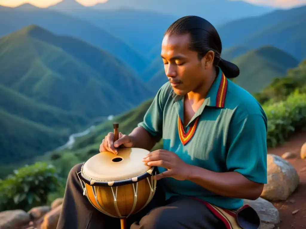 Un músico habilidoso toca el dulcémele en un entorno montañoso de América, envuelto en la música y la cultura montañesa