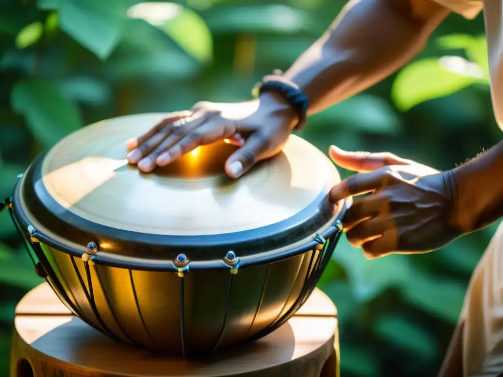 Un músico habilidoso toca un Hang Drum en un entorno natural sereno