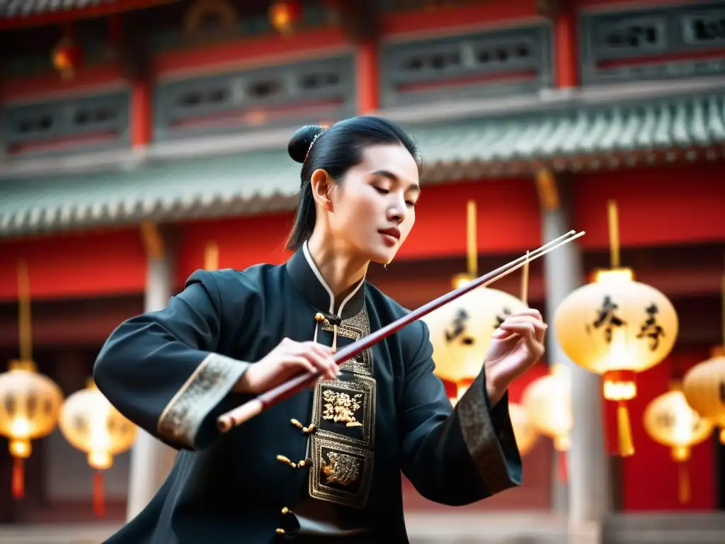 Un músico habilidoso toca el erhu con intensa concentración, destacando la arquitectura china de fondo y la calidez de las linternas