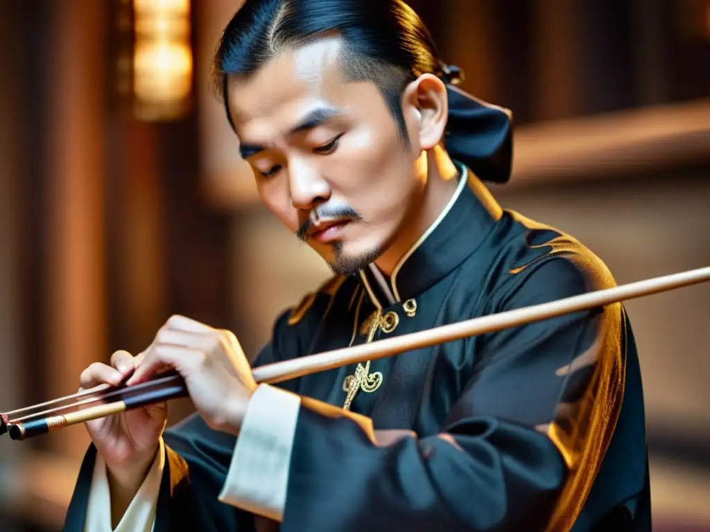 Un músico habilidoso tocando el erhu con intensa concentración, vistiendo atuendo chino tradicional