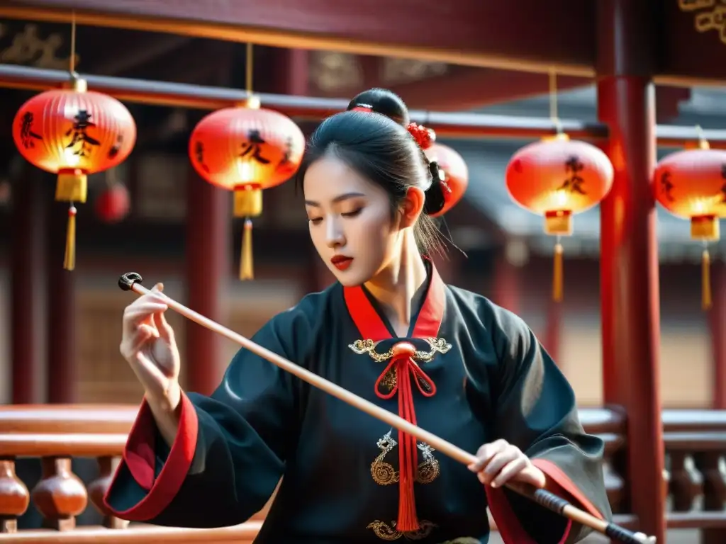 Un músico habilidoso toca un Erhu en un salón chino tradicional con una atmósfera evocadora, capturando la historia y sonido del Erhu chino