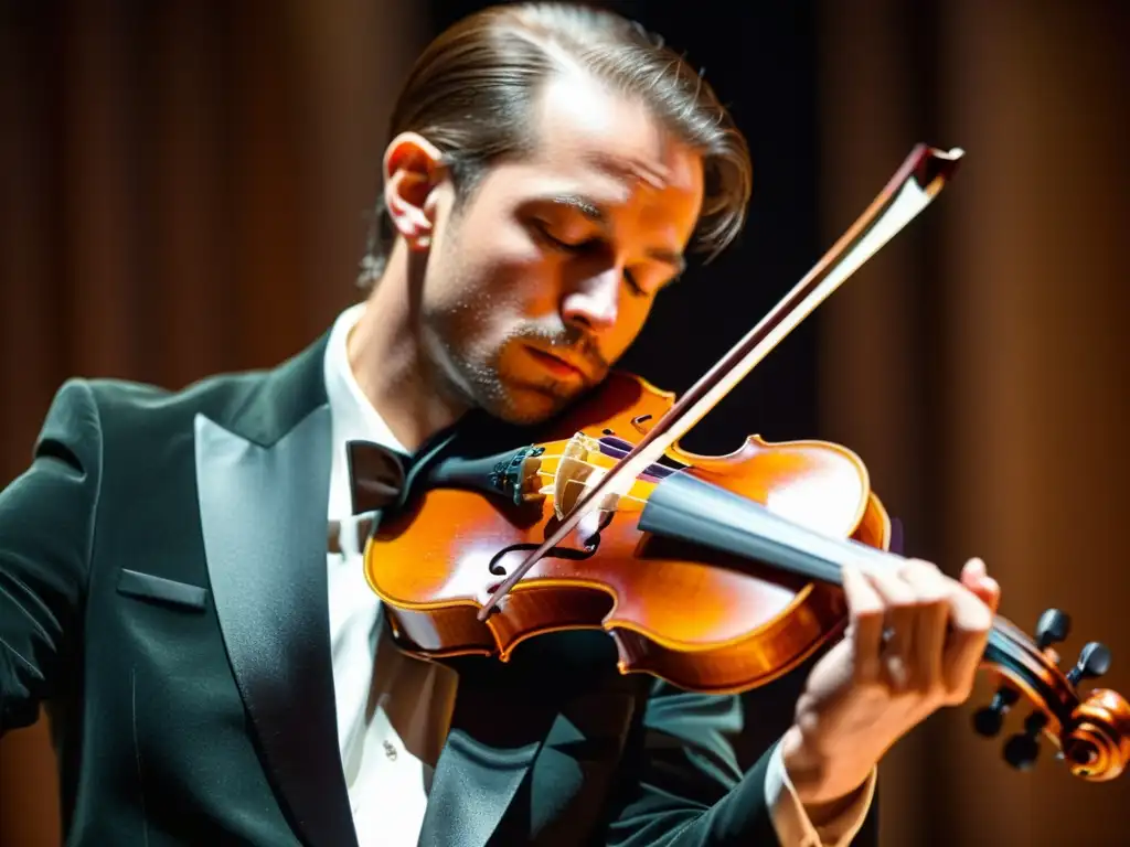 Un músico habilidoso toca un violín Stradivarius en un escenario iluminado, destacando la belleza del instrumento y la concentración en su rostro