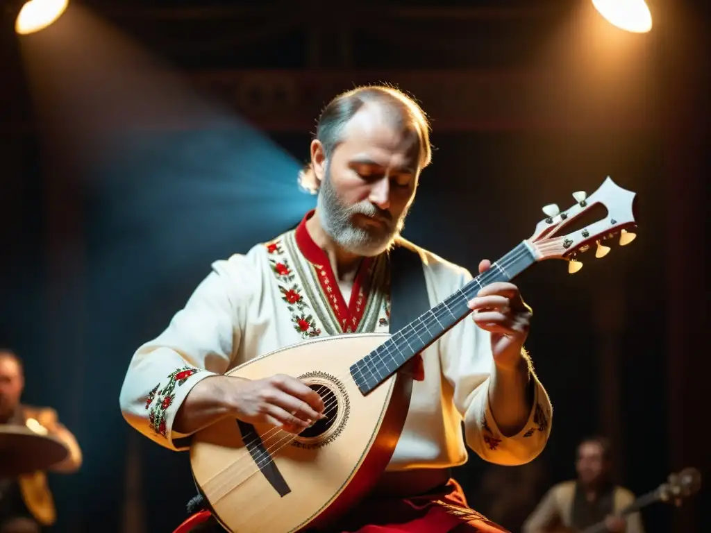 Un músico habilidoso toca una balalaika en un escenario iluminado