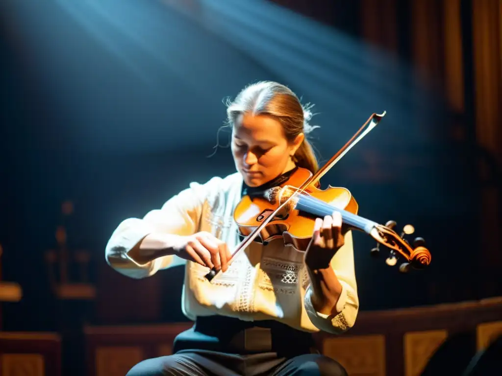 Un músico habilidoso toca el Hardanger fiddle en un escenario tenue, mostrando la rica historia y sonido del instrumento noruego