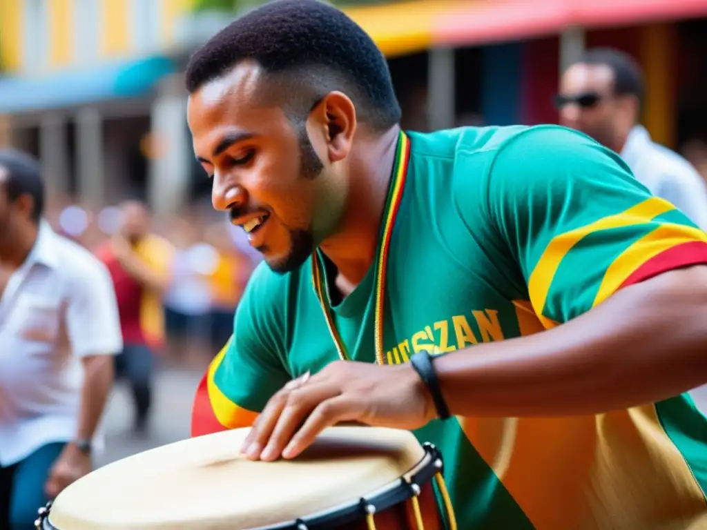 Un músico habilidoso toca la cuíca en un festival callejero brasileño, transmitiendo la intensa concentración y la alegría del evento