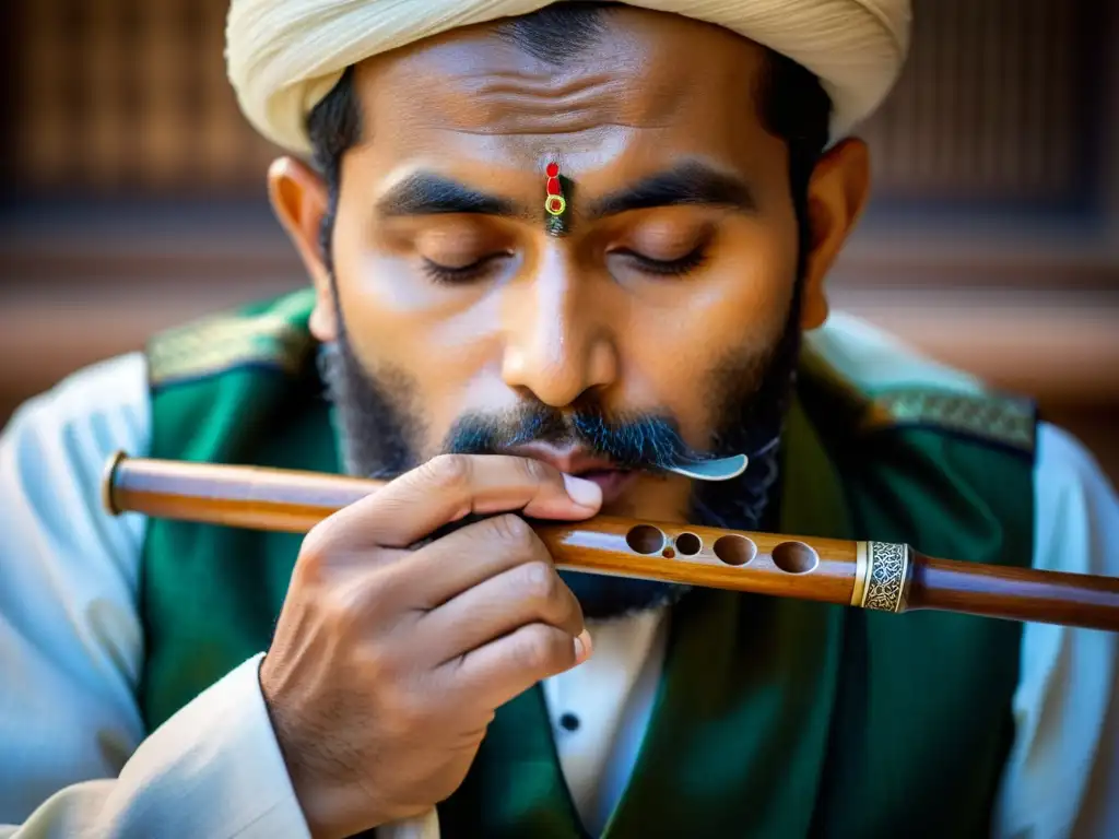 Un músico habilidoso toca el ney, flauta tradicional sufí, transmitiendo la importancia del ney en la música sufí con devoción y tranquilidad