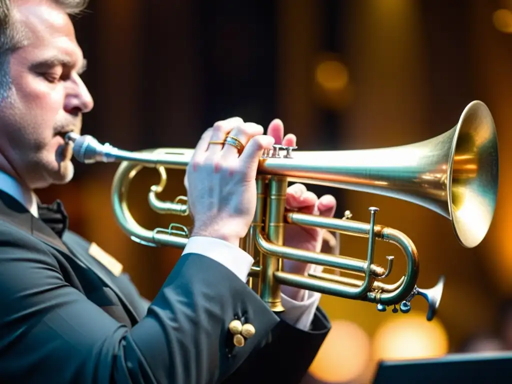 Un músico habilidoso toca el flugelhorn en un escenario, mostrando el alma del instrumento