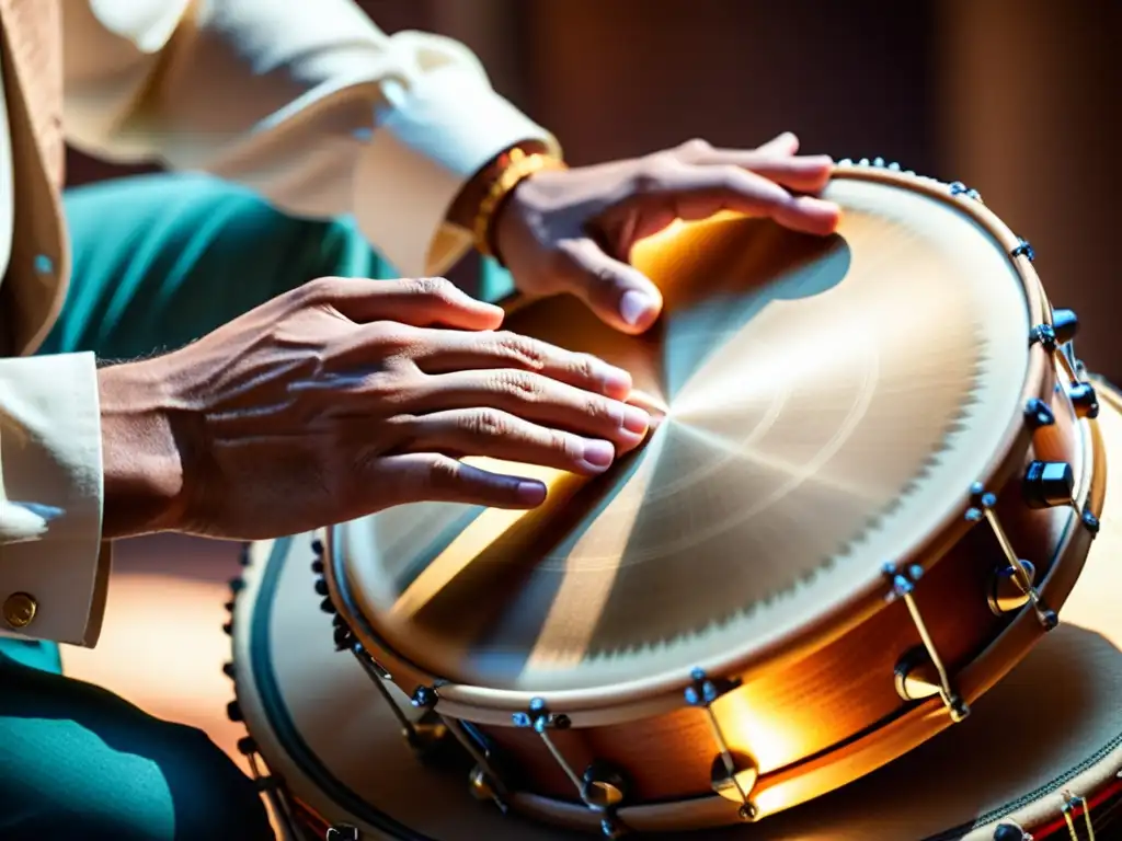 Un músico habilidoso tocando un frame drum adornado, capturando la pasión y las técnicas de frame drum en Medio Oriente