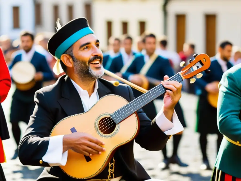 Un músico habilidoso toca la gaita gallega en un festival, con vestimenta tradicional y una multitud inmersa en la celebración cultural