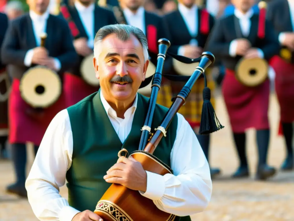 Un músico habilidoso toca la gaita gallega en un vibrante festival tradicional en Galicia, mostrando la rica tradición cultural del instrumento