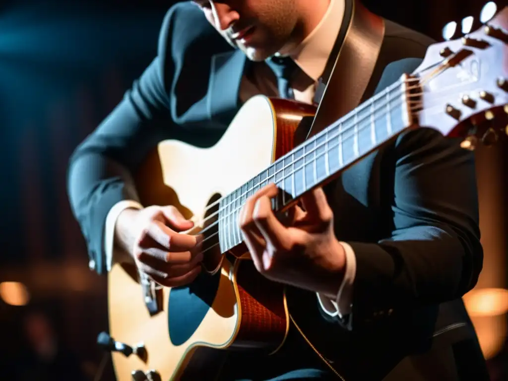 Un músico habilidoso toca una guitarra barítono en un escenario tenue, destacando la pasión y destreza de la música pop