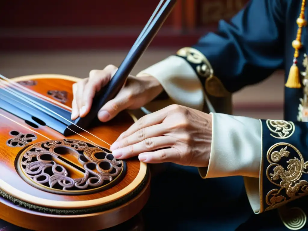 Un músico habilidoso toca el guqin chino en un jardín sereno, evocando resonancias de filosofía y meditación centenaria