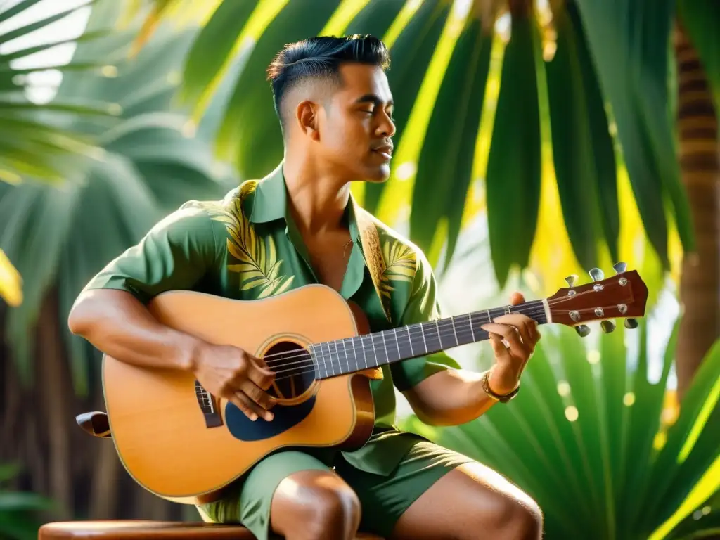 Un músico habilidoso toca la guitarra hawaiana slack key bajo una palmera frondosa, capturando la esencia serena y melódica de la tradición hawaiana