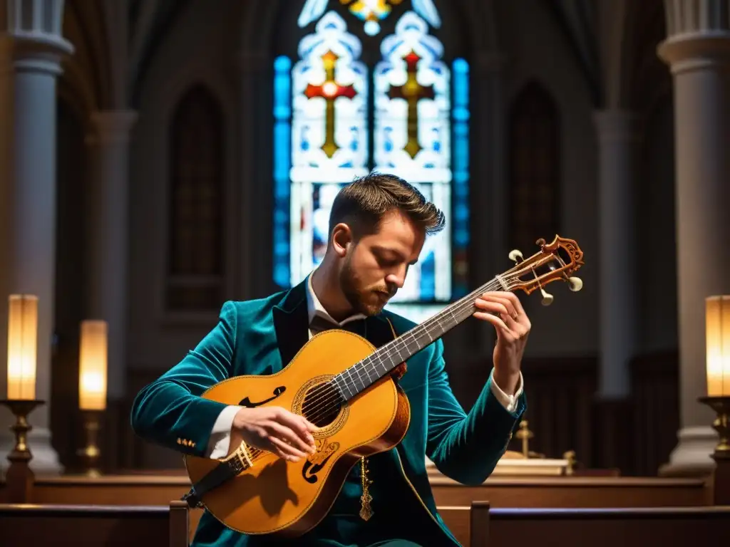 Un músico habilidoso toca un hermoso salterio en una iglesia histórica, con luz suave iluminando la atmósfera serena