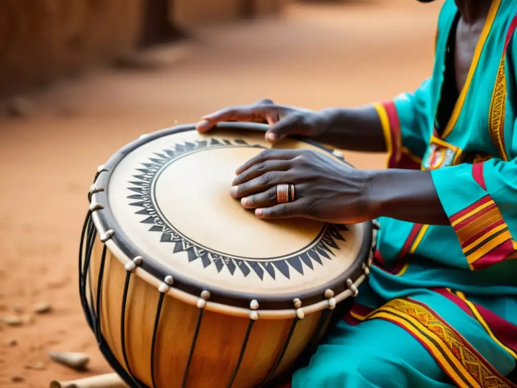 Un músico habilidoso toca un jembe en Mali, mostrando la historia y construcción del jembe en un entorno cultural vibrante