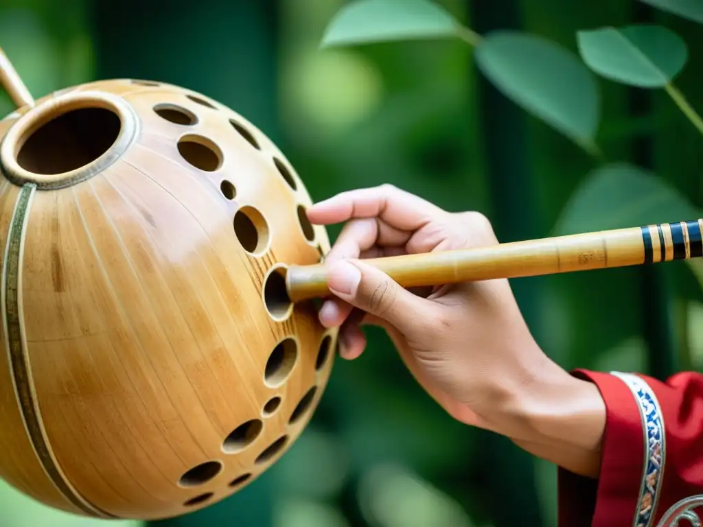 Un músico habilidoso toca el hulusi, un instrumento musical chino, con destreza y pasión, destacando la belleza cultural y musical del instrumento