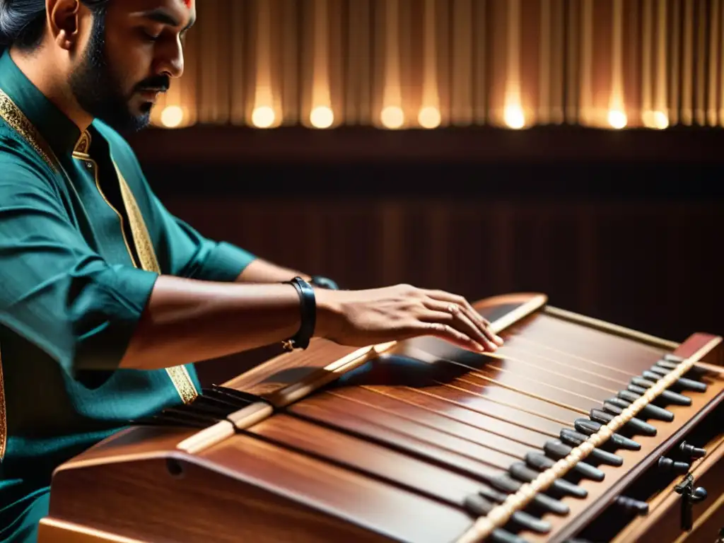 Un músico habilidoso toca el Santoor indio en un teatro tenue, mostrando la rica cultura y el arte musical