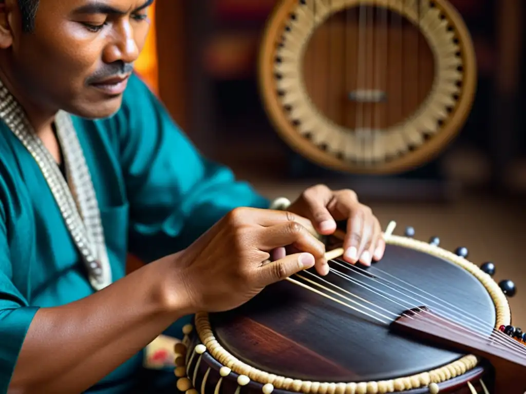 Un músico habilidoso toca el rebab indonesio con intensa pasión y concentración, rodeado de instrumentos tradicionales