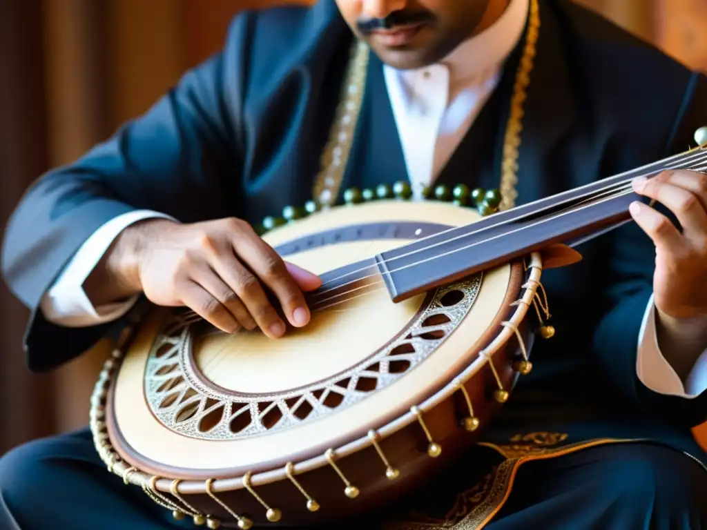 Un músico habilidoso toca el rebab, instrumento de cuerdas árabe, con expresión concentrada