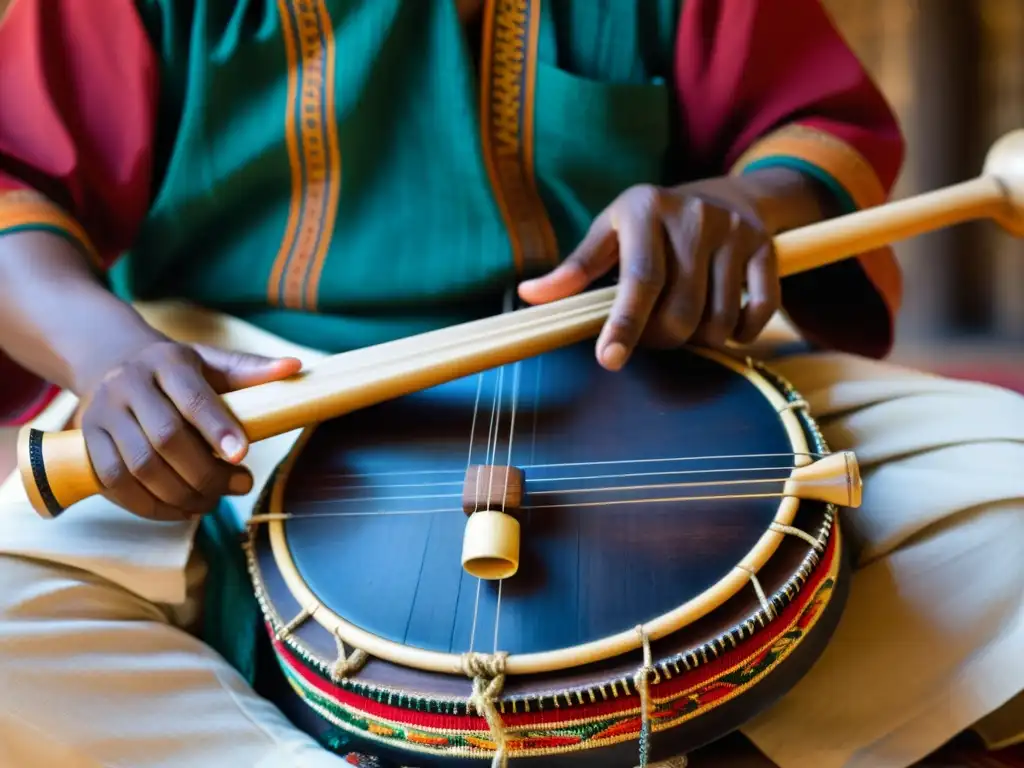 Un músico habilidoso toca un instrumento étnico, mostrando la riqueza cultural