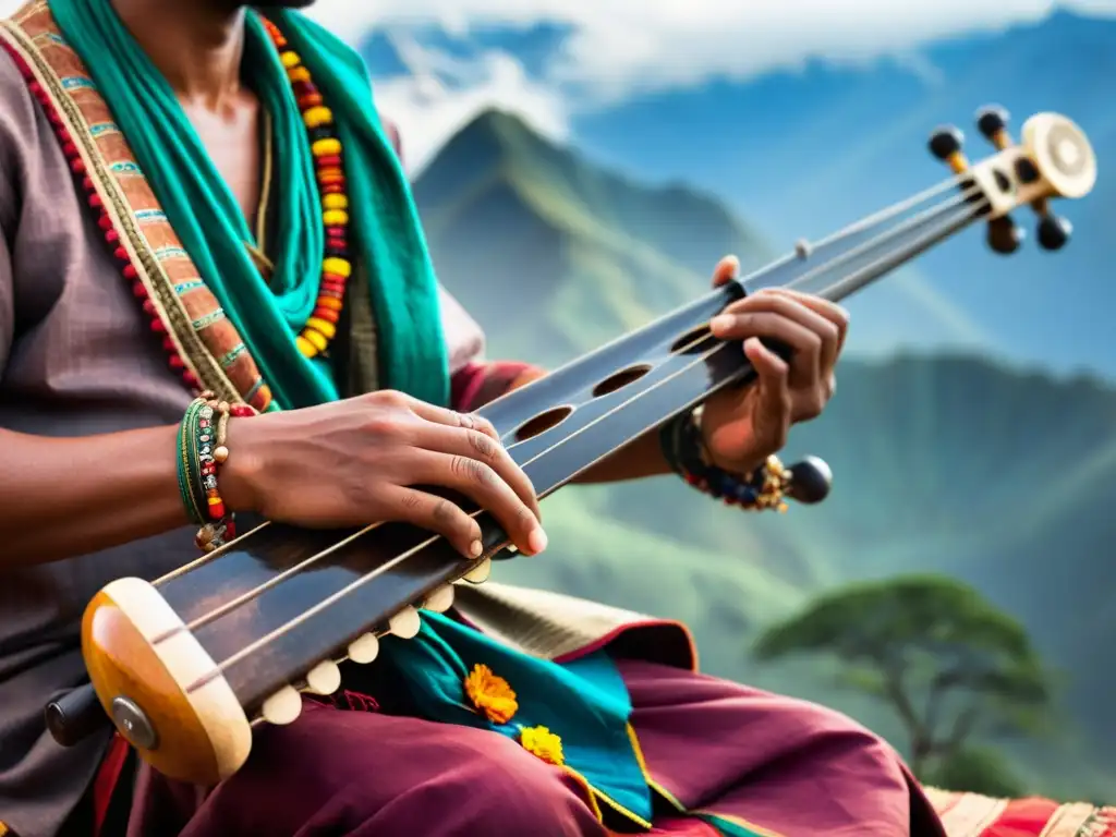 Un músico habilidoso toca el sarangi, instrumento tradicional nepalí, rodeado por la belleza del Himalaya y oraciones al viento