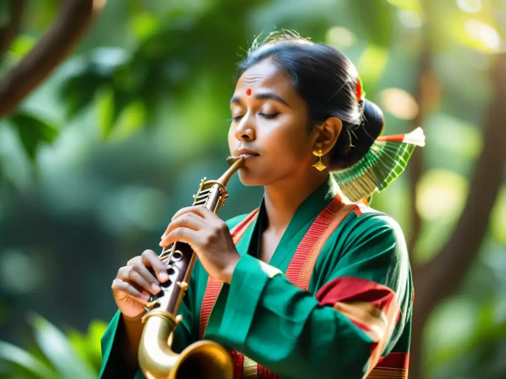 Un músico habilidoso toca un instrumento de viento tradicional con expresiones faciales concentradas y movimientos expertos de los dedos, creando una melodía conmovedora