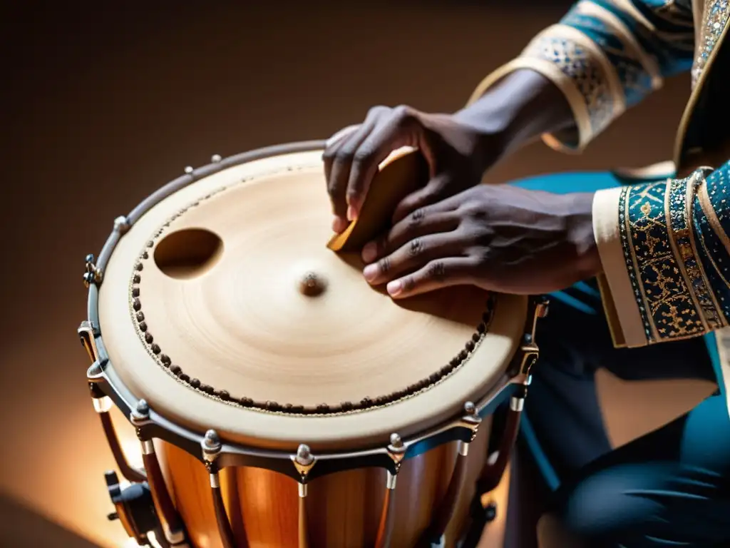 Un músico habilidoso toca el instrumento de percusión daf sufí, mostrando pasión y maestría