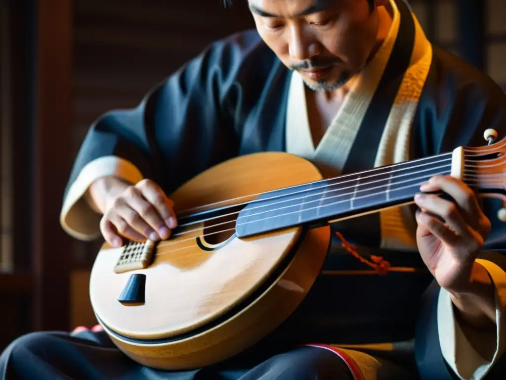 Un músico habilidoso toca un shamisen japonés en un ambiente atmosférico y tenue, mostrando la historia y el sonido del shamisen