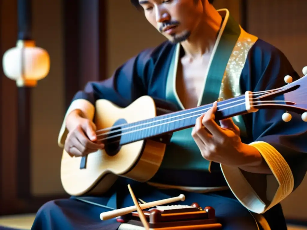 Un músico habilidoso toca un shamisen japonés, mostrando detalles intrincados y movimiento dinámico