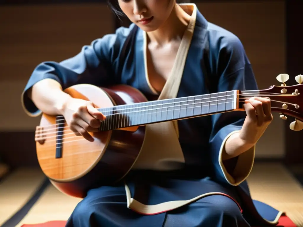 Un músico habilidoso toca un shamisen japonés, mostrando la riqueza cultural e histórica, y la energía dinámica del instrumento