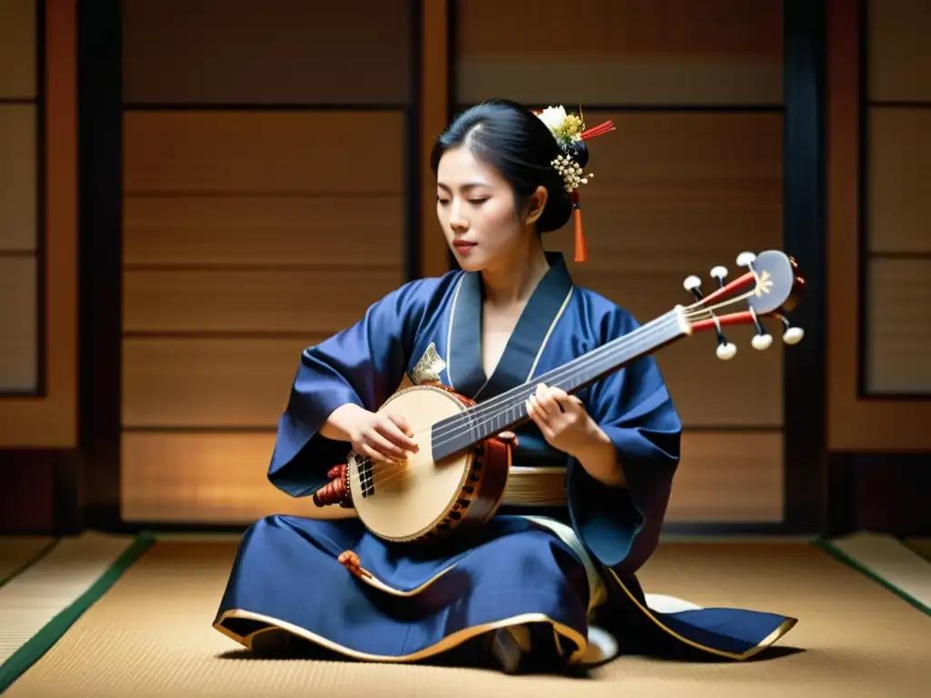 Un músico habilidoso toca un shamisen japonés tradicional, mostrando detalles intrincados