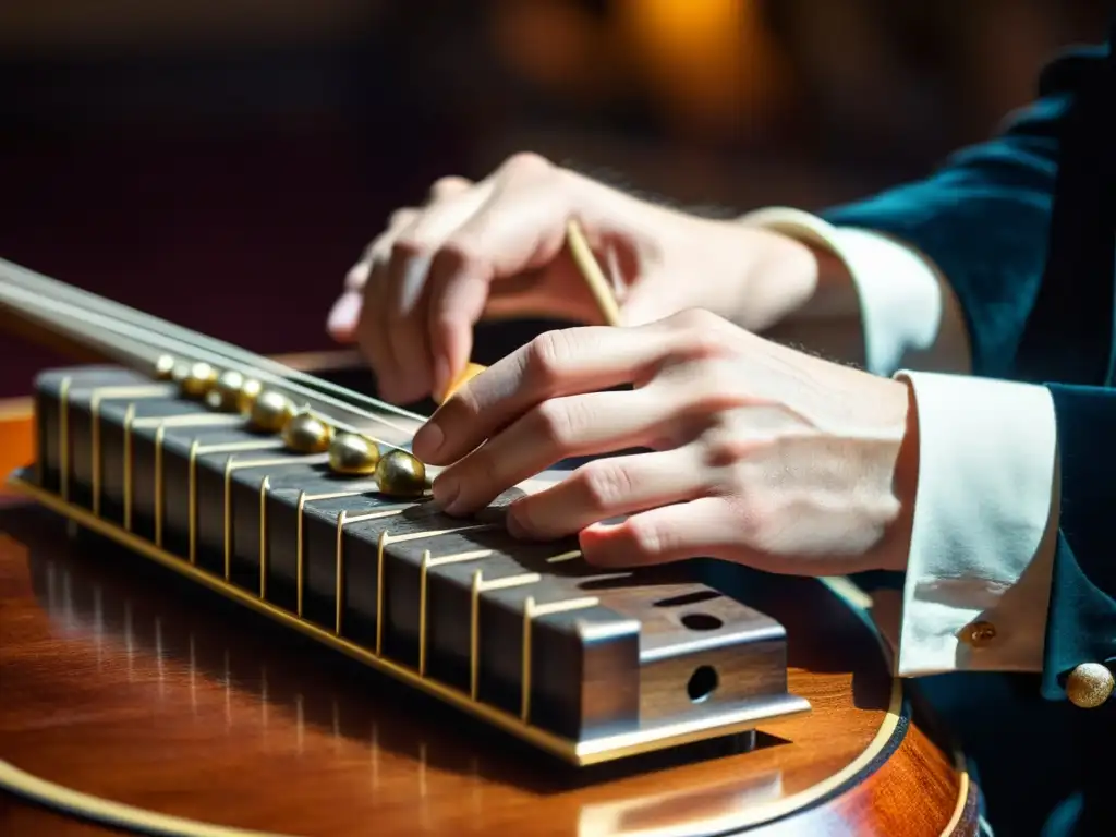 Un músico habilidoso toca un laúd histórico con precisión, evocando dramas históricos