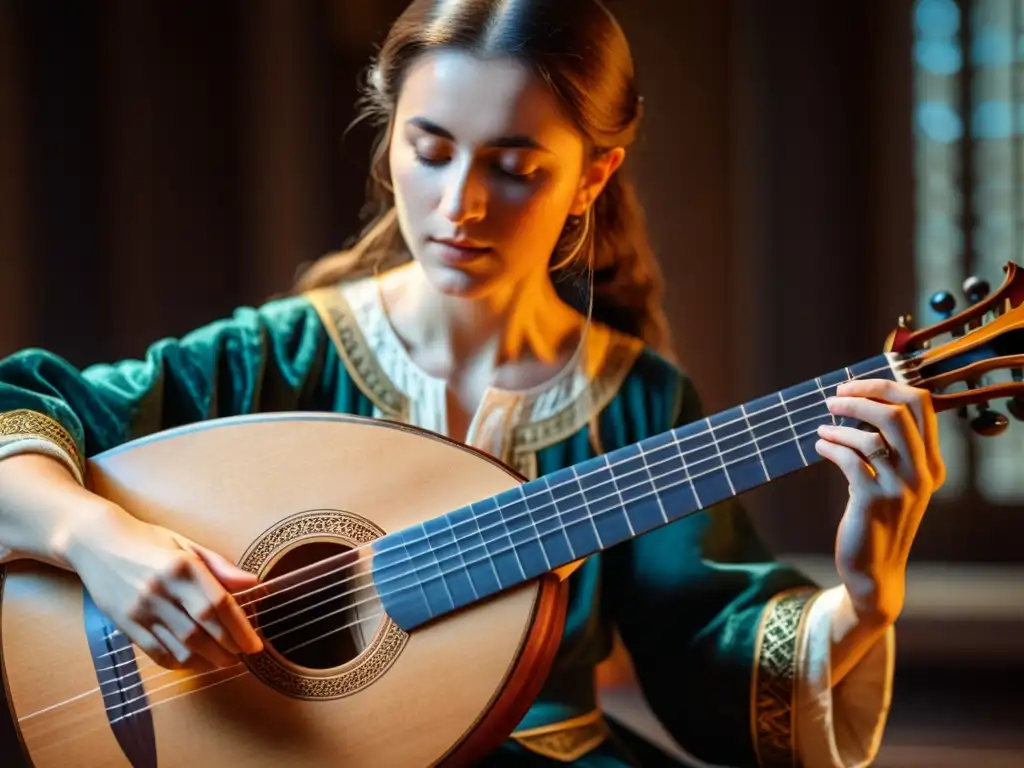 Un músico habilidoso toca un laúd renacentista con detalles intrincados en madera y cuerdas