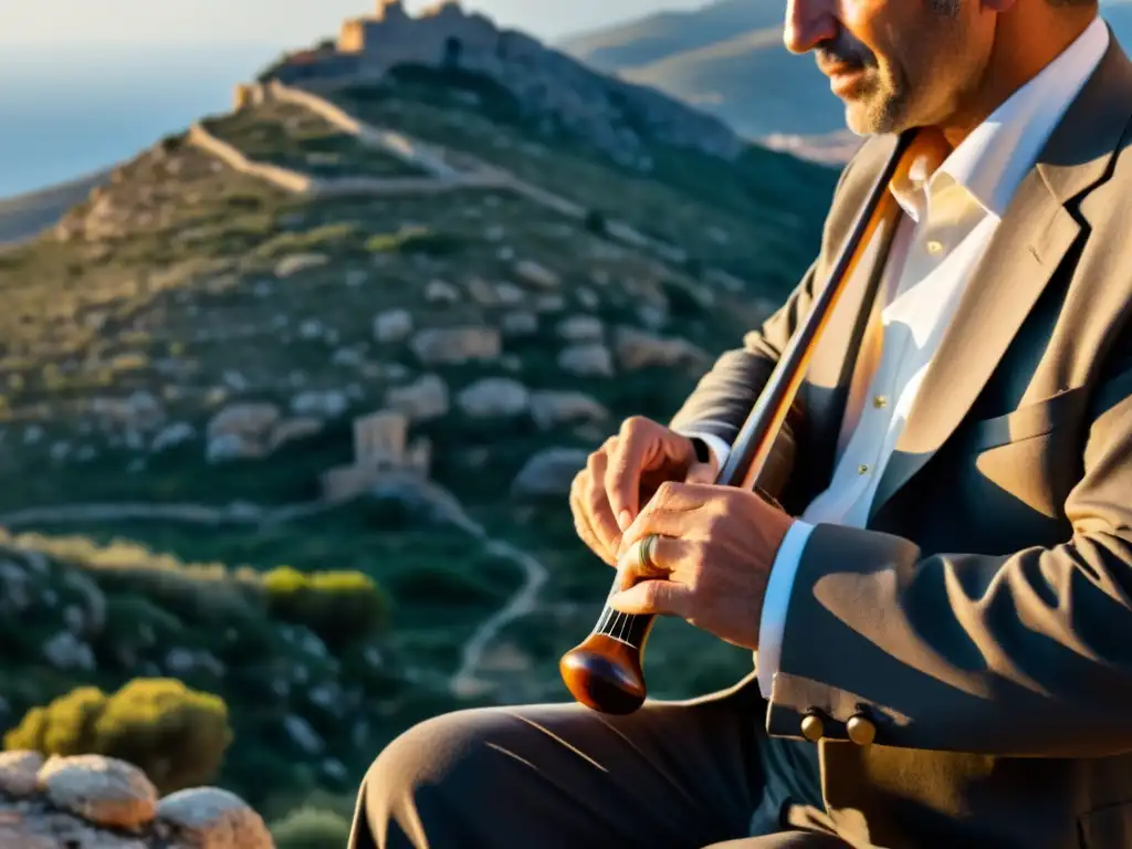 Un músico habilidoso toca las launeddas con pasión en el paisaje de Cerdeña, revelando la historia y sonido de este ancestral instrumento