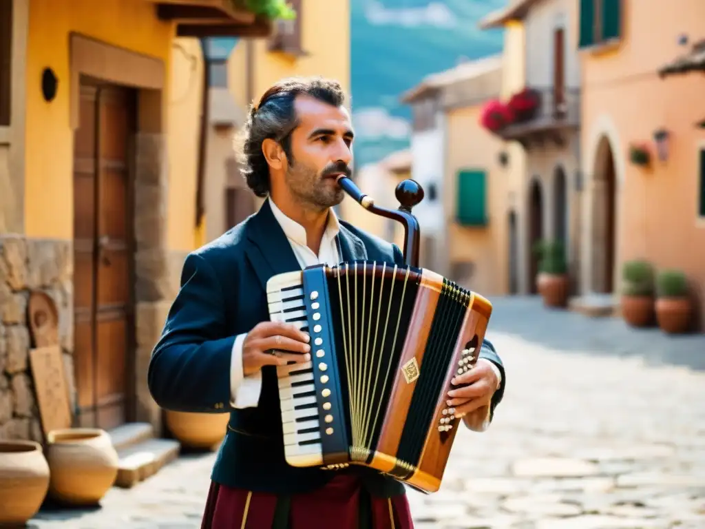 Un músico habilidoso toca las launeddas en una plaza de un pueblo rústico en Cerdeña, evocando la rica historia y sonido de la tradición sarda