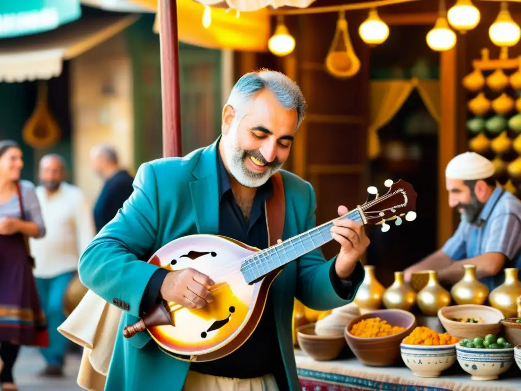 Un músico habilidoso toca una mandolina en un bullicioso mercado de Jerusalén, rodeado de espectadores entusiastas y coloridos puestos de textiles y cerámica, capturando la historia y relevancia cultural de la mandolina en la música judía