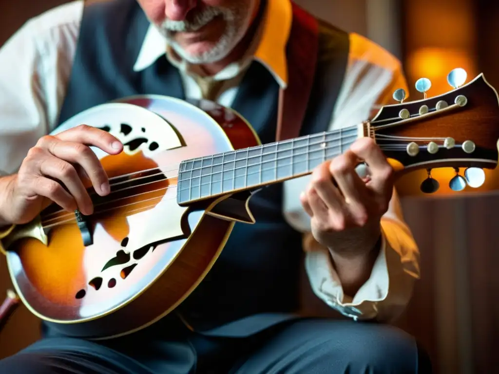 Un músico habilidoso toca la mandolina en la música Bluegrass, transmitiendo emoción y autenticidad